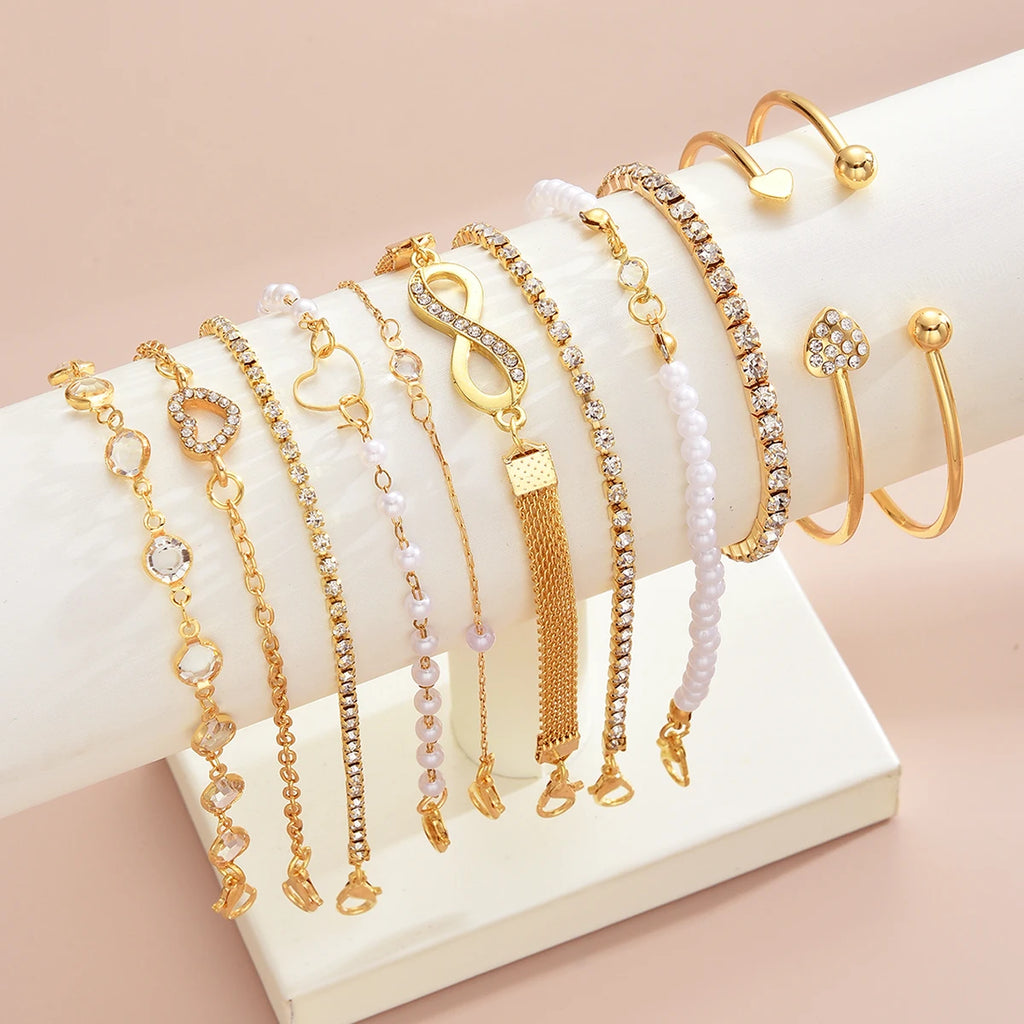 Women's Vintage Pearl Crystal Heart Infinity Bracelets Set