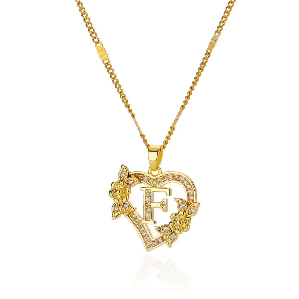 Women's Stainless Steel Zircon Flower Heart Initial Pendant Necklace