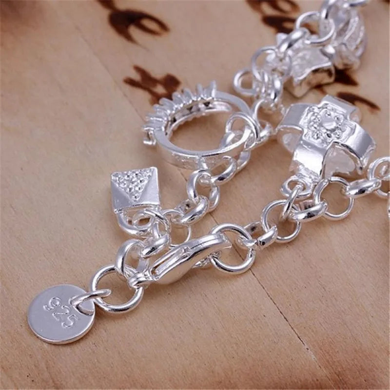 Women's 925 Sterling Silver Charm Chain Link Bracelet