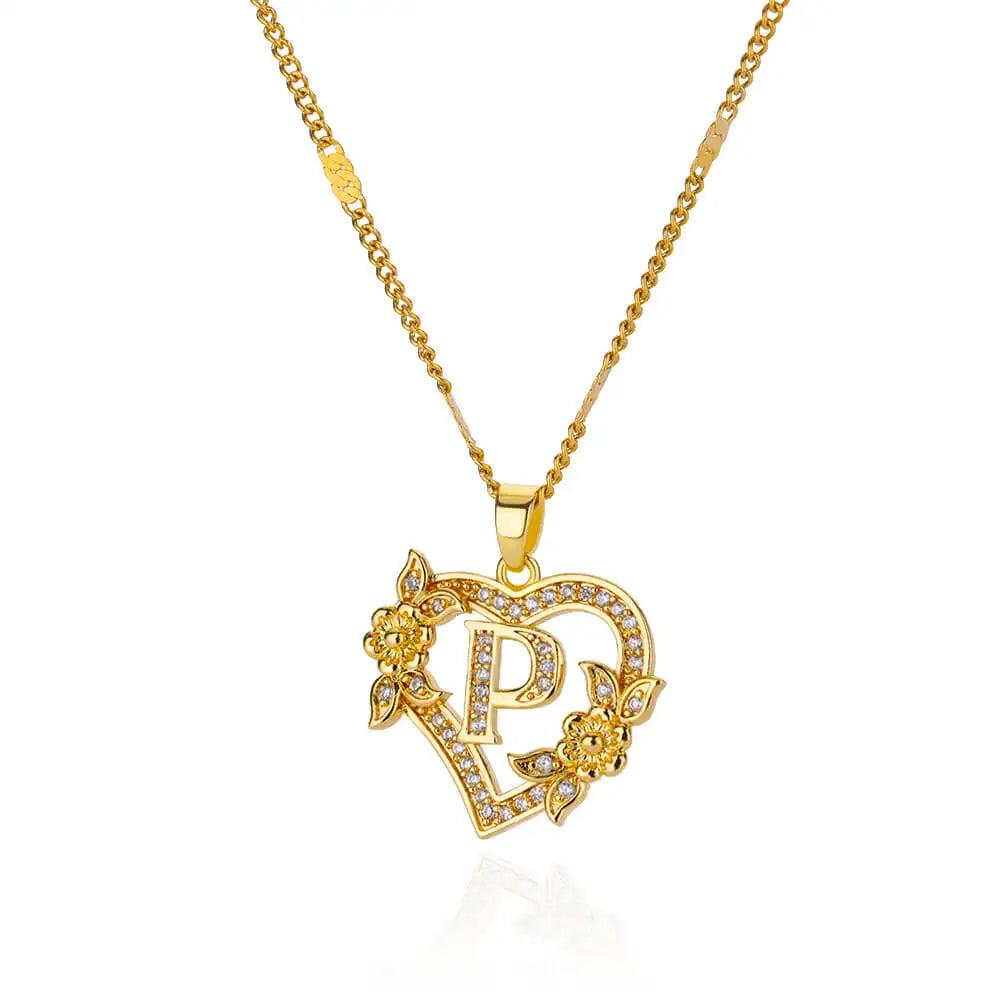 Women's Stainless Steel Zircon Flower Heart Initial Pendant Necklace