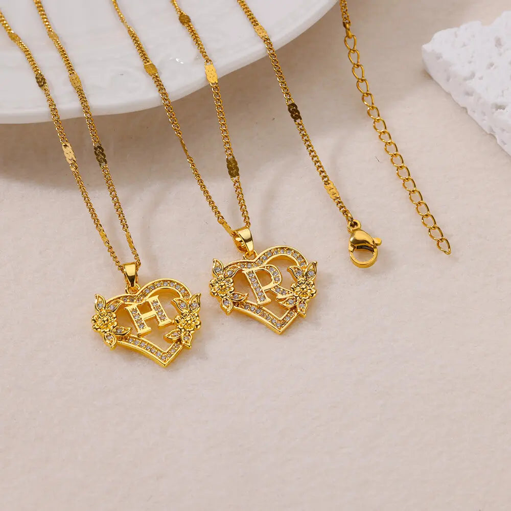 Women's Stainless Steel Zircon Flower Heart Initial Pendant Necklace
