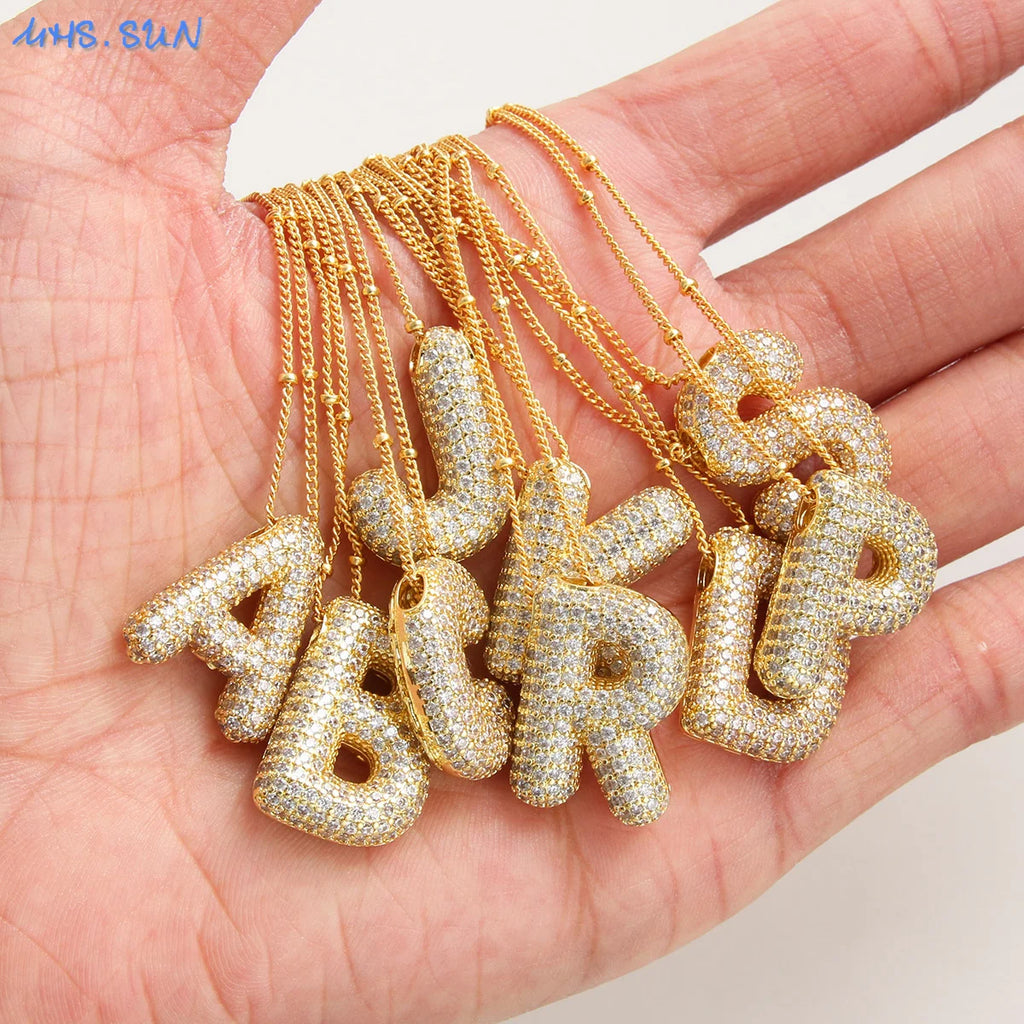 Women's Gold Plated Copper Zircon Bubble Initial Pendant Necklace