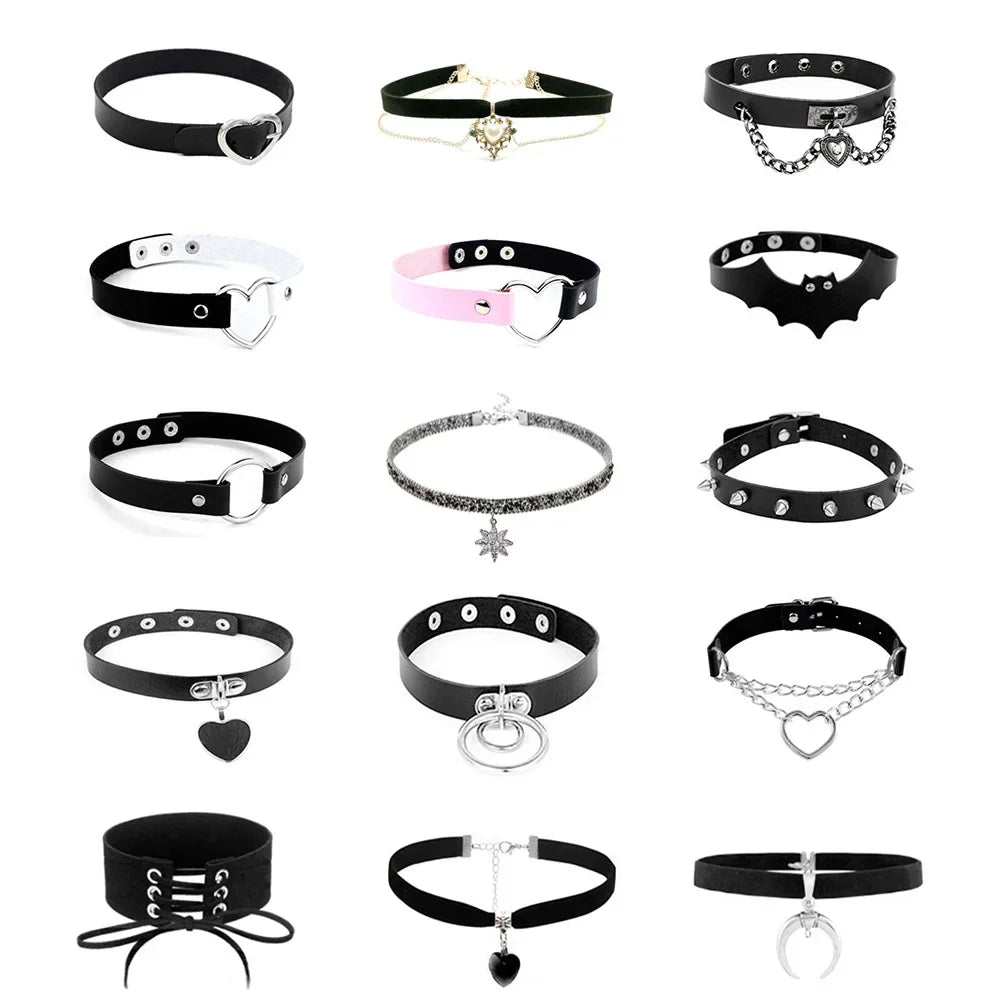 Women's Leather Gothic Heart Punk Choker Necklace