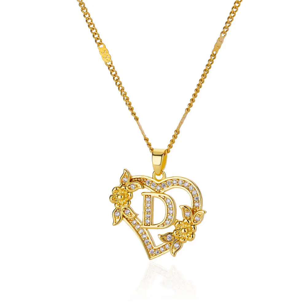 Women's Stainless Steel Zircon Flower Heart Initial Pendant Necklace