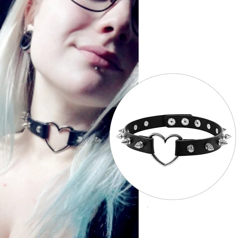 Women's Leather Gothic Heart Punk Choker Necklace