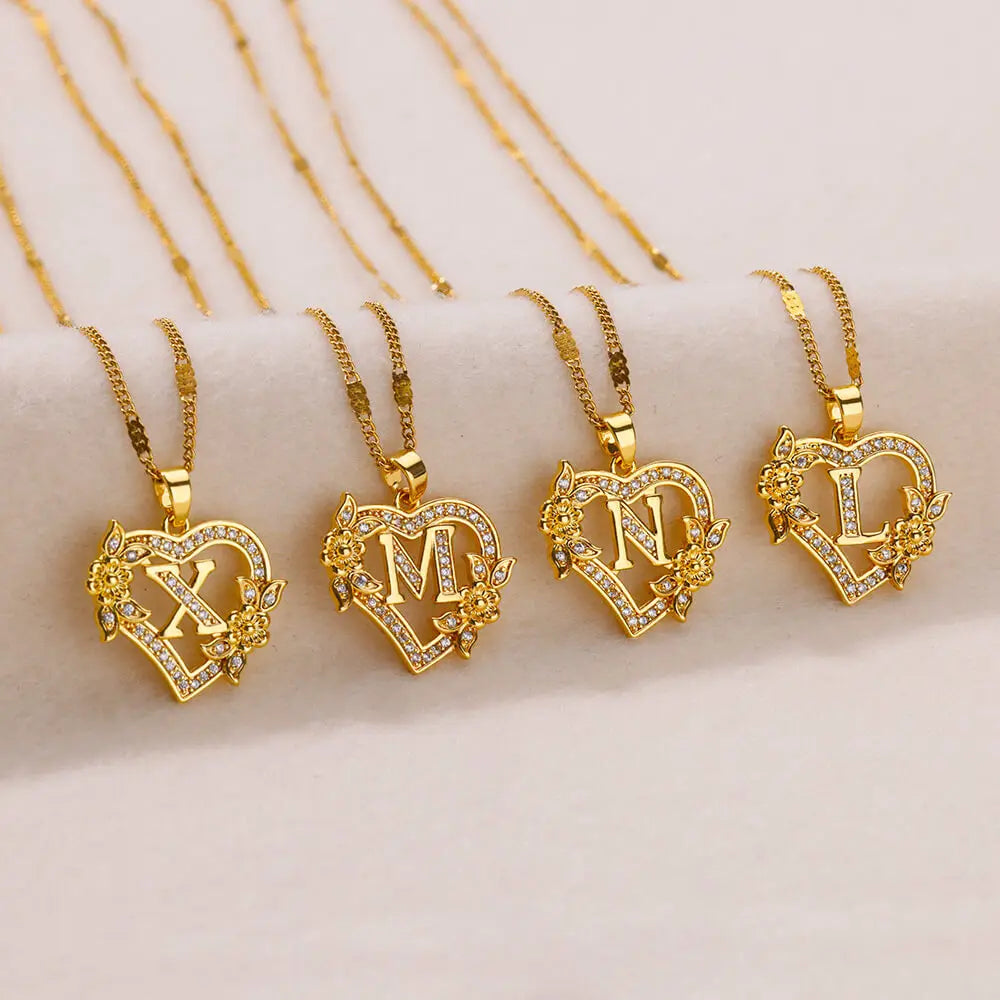 Women's Stainless Steel Zircon Flower Heart Initial Pendant Necklace