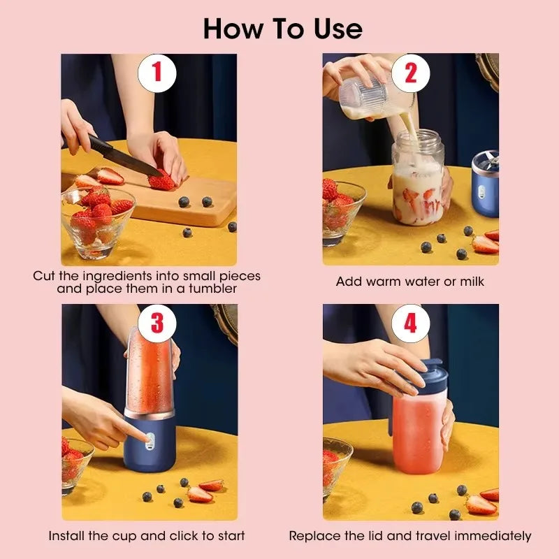 Portable Personal Electric Blender USB Rechargeable 6 Blades Blue