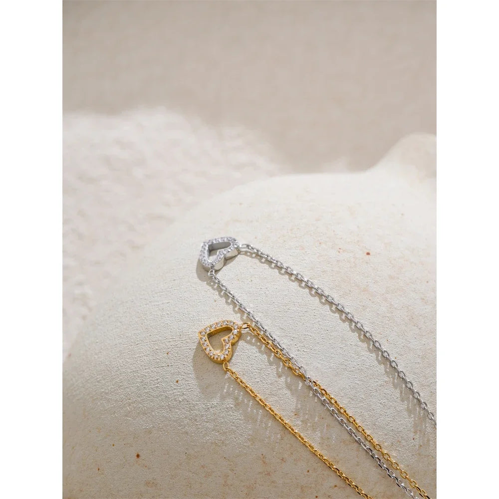 Women's Stainless Steel Cubic Zirconia Hollow Heart Pendant Necklace