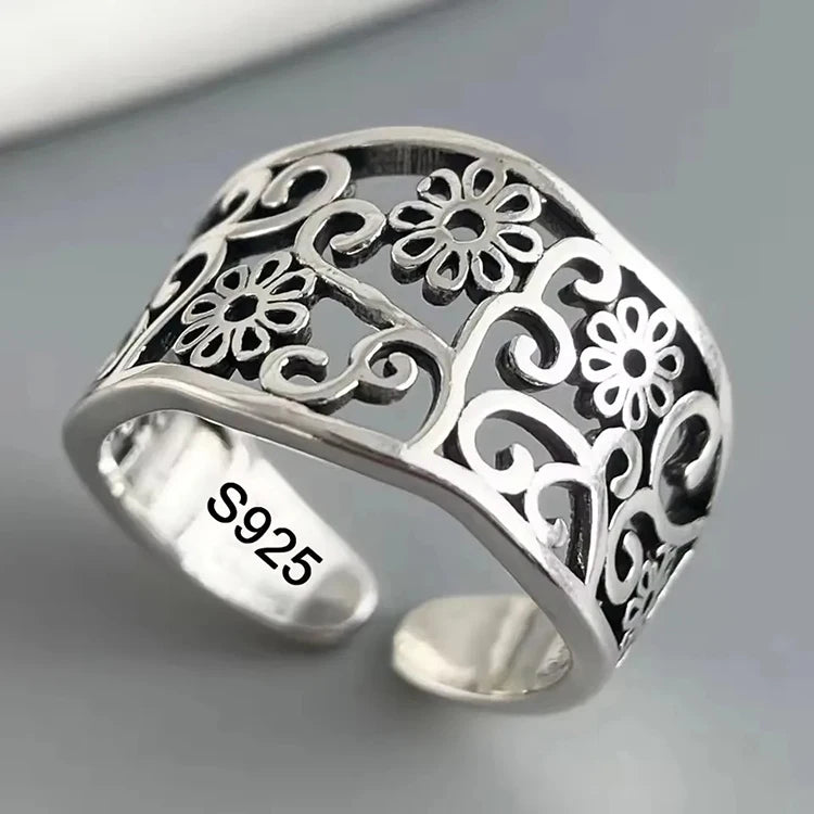 Women's 925 Sterling Silver Hollow Out Flower Ring