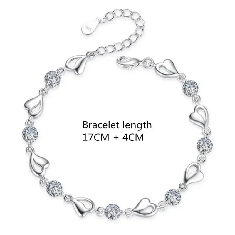 Women's 925 Sterling Silver Heart Crystal Necklace and Bracelet Set