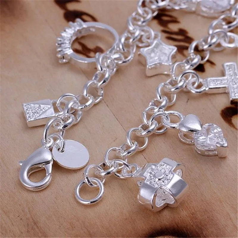 Women's 925 Sterling Silver Charm Chain Link Bracelet