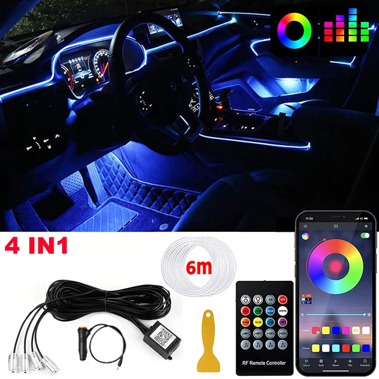 LED Car Interior Ambient Strip Lights RGB Fiber Optic Kit