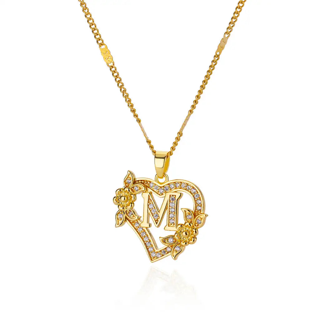 Women's Stainless Steel Zircon Flower Heart Initial Pendant Necklace