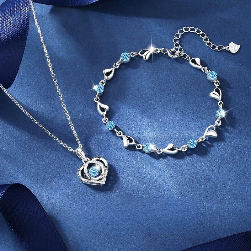 Women's 925 Sterling Silver Heart Crystal Necklace and Bracelet Set
