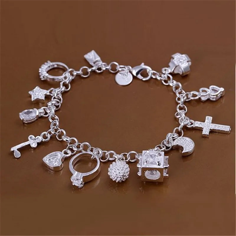 Women's 925 Sterling Silver Charm Chain Link Bracelet