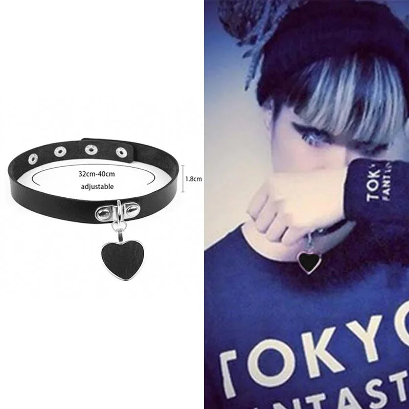 Women's Leather Gothic Heart Punk Choker Necklace