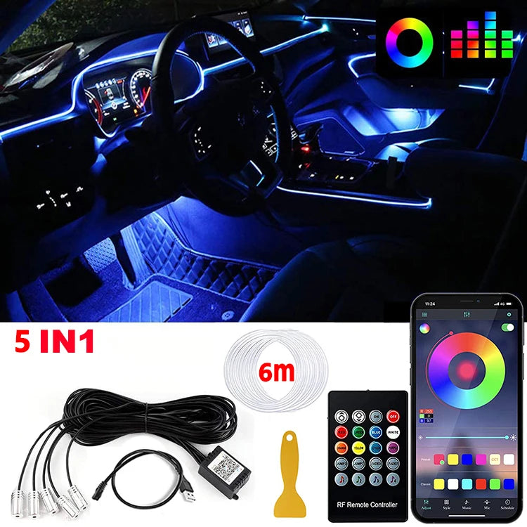 LED Car Interior Ambient Strip Lights RGB Fiber Optic Kit