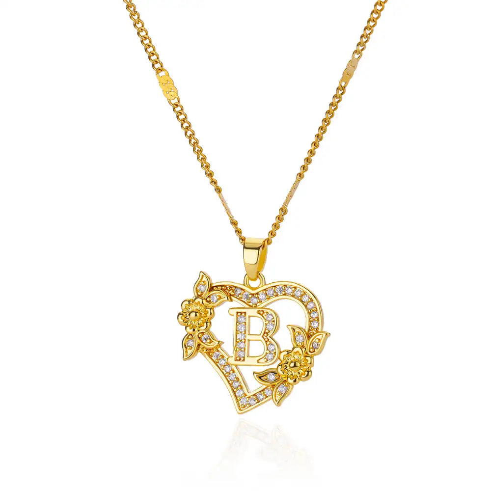 Women's Stainless Steel Zircon Flower Heart Initial Pendant Necklace