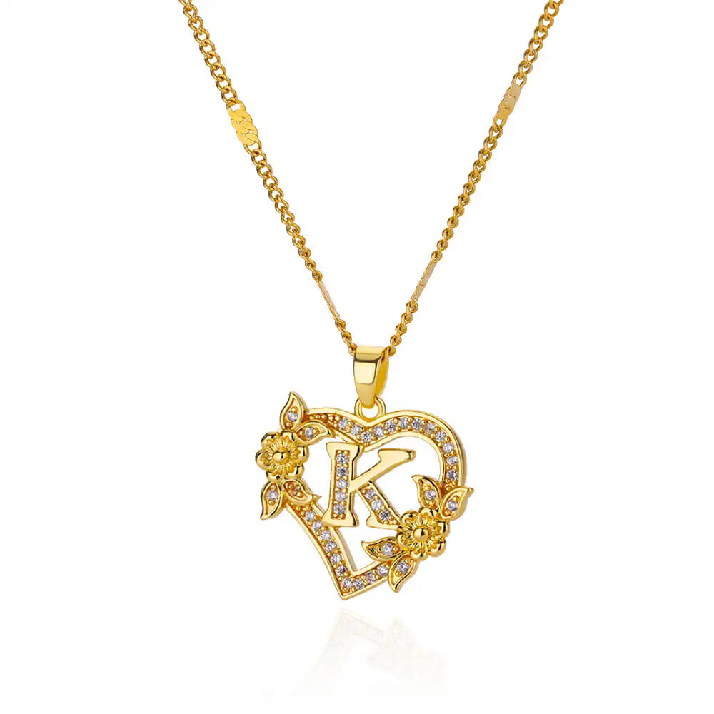 Women's Stainless Steel Zircon Flower Heart Initial Pendant Necklace