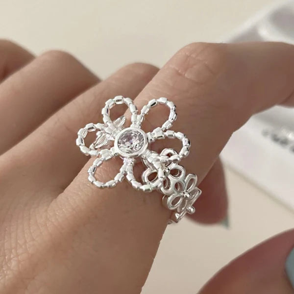 Women's 925 Sterling Silver Hollow Out Flower Ring