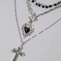 Women's Gothic Black Heart Cross Pendant Necklace 3-Piece Set