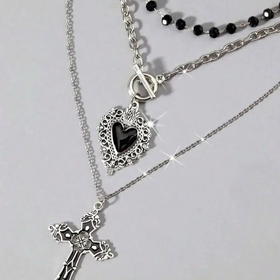 Women's Gothic Black Heart Cross Pendant Necklace 3-Piece Set