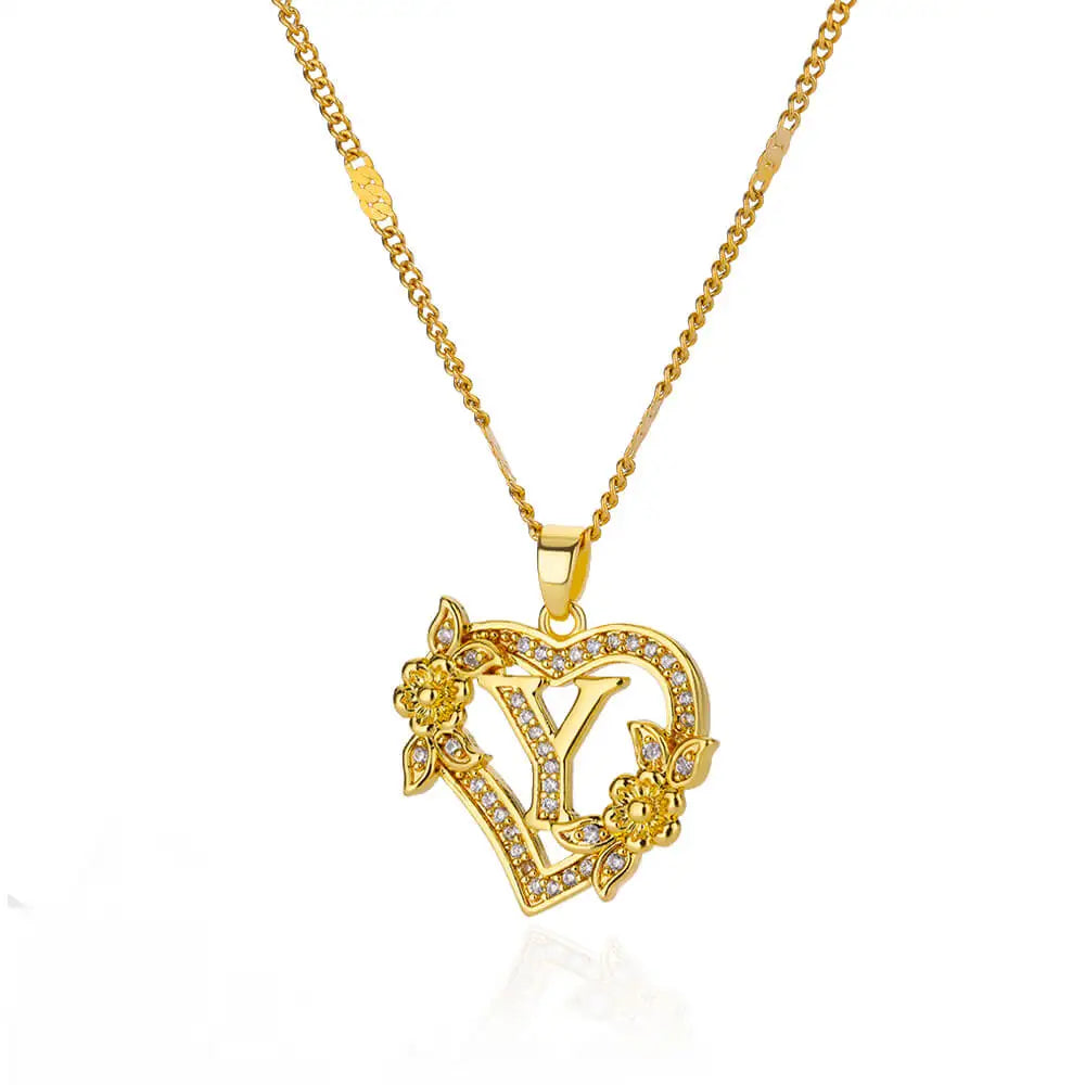 Women's Stainless Steel Zircon Flower Heart Initial Pendant Necklace