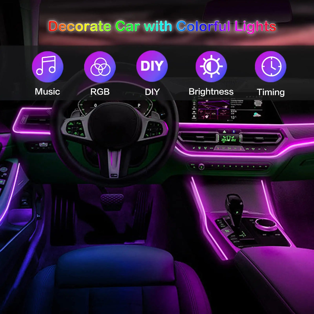 LED Car Interior Ambient Strip Lights RGB Fiber Optic Kit