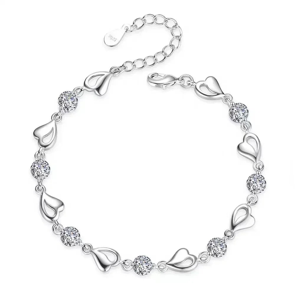 Women's 925 Sterling Silver Heart Crystal Necklace and Bracelet Set
