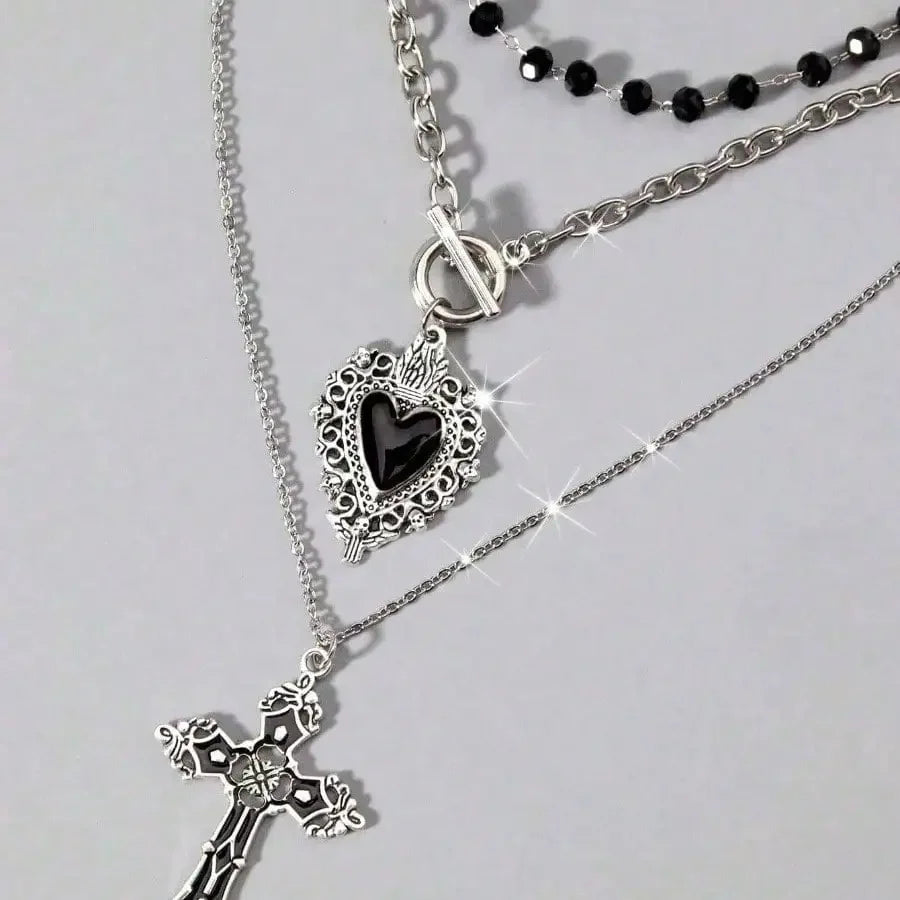 Women's Gothic Black Heart Cross Pendant Necklace 3-Piece Set
