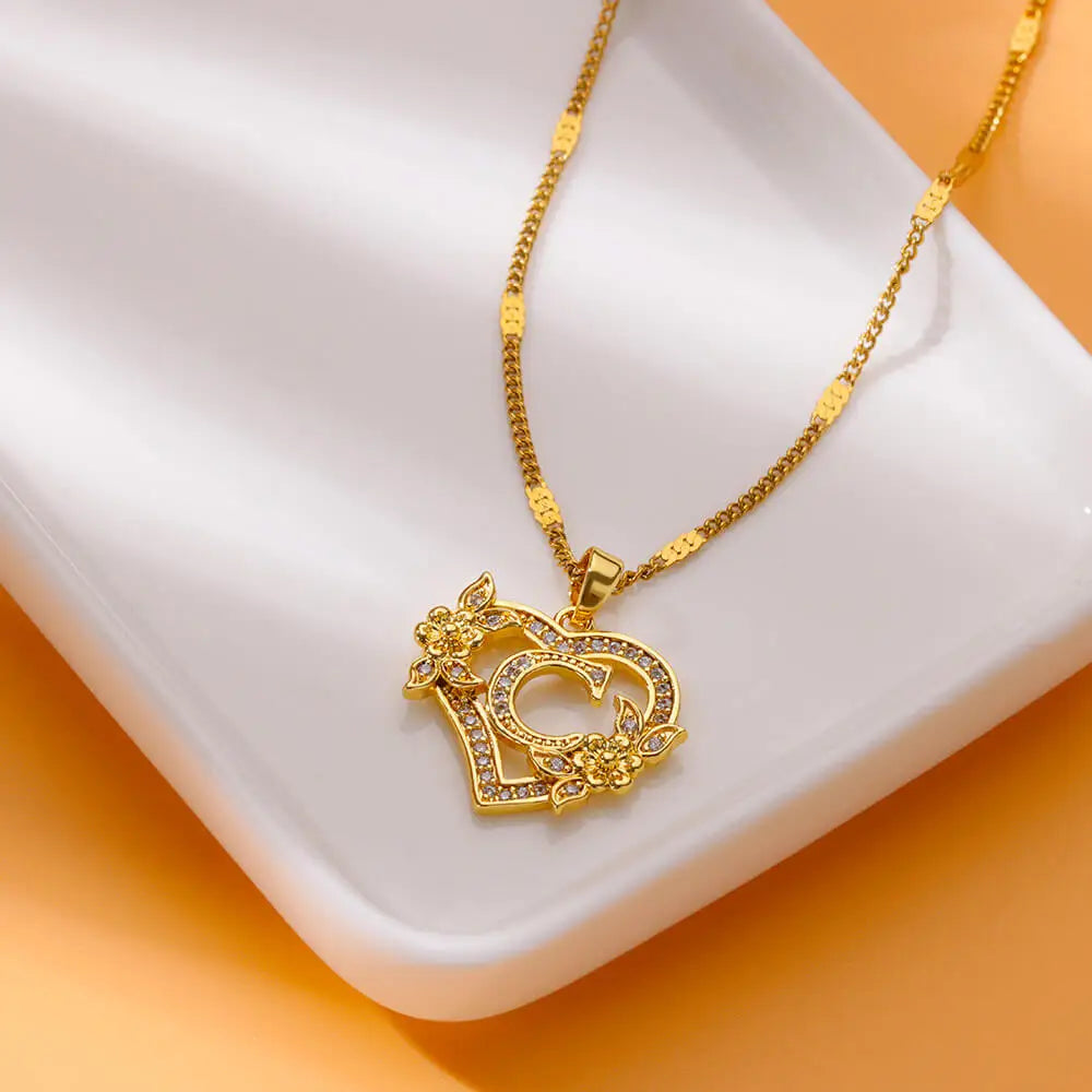 Women's Stainless Steel Zircon Flower Heart Initial Pendant Necklace