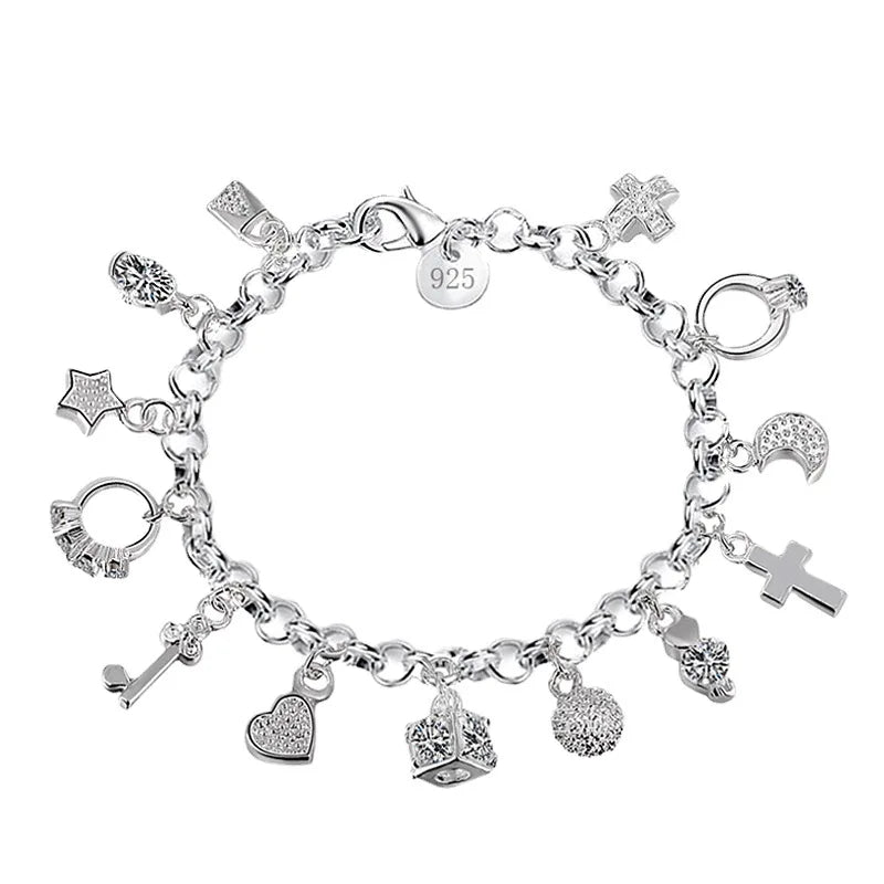 Women's 925 Sterling Silver Charm Chain Link Bracelet