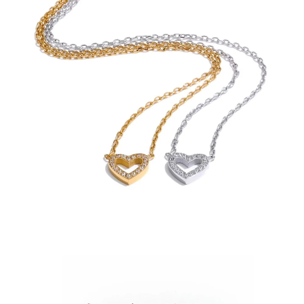 Women's Stainless Steel Cubic Zirconia Hollow Heart Pendant Necklace