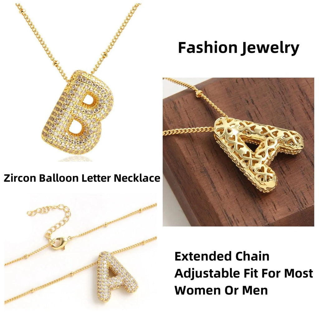 Women's Gold Plated Copper Zircon Bubble Initial Pendant Necklace