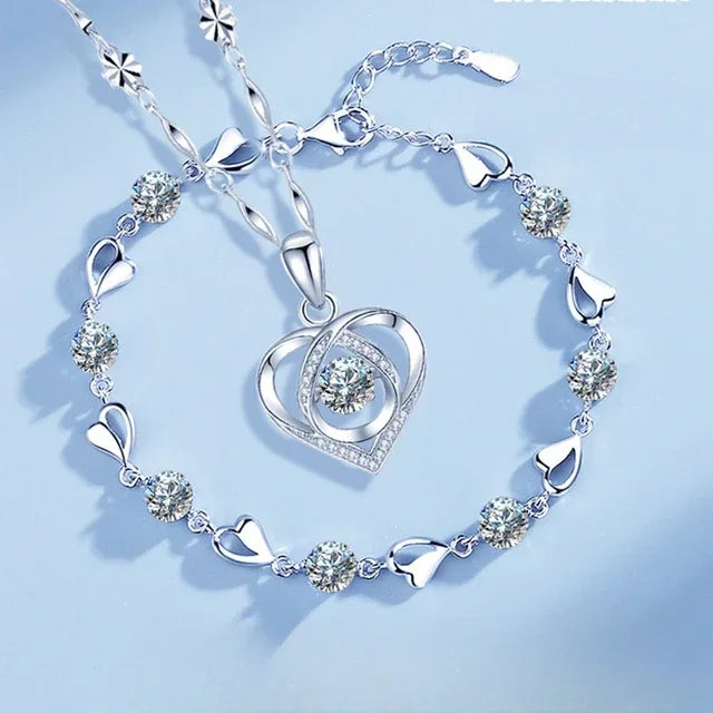 Women's 925 Sterling Silver Heart Crystal Necklace and Bracelet Set