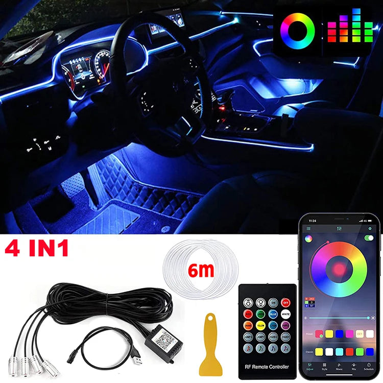 LED Car Interior Ambient Strip Lights RGB Fiber Optic Kit