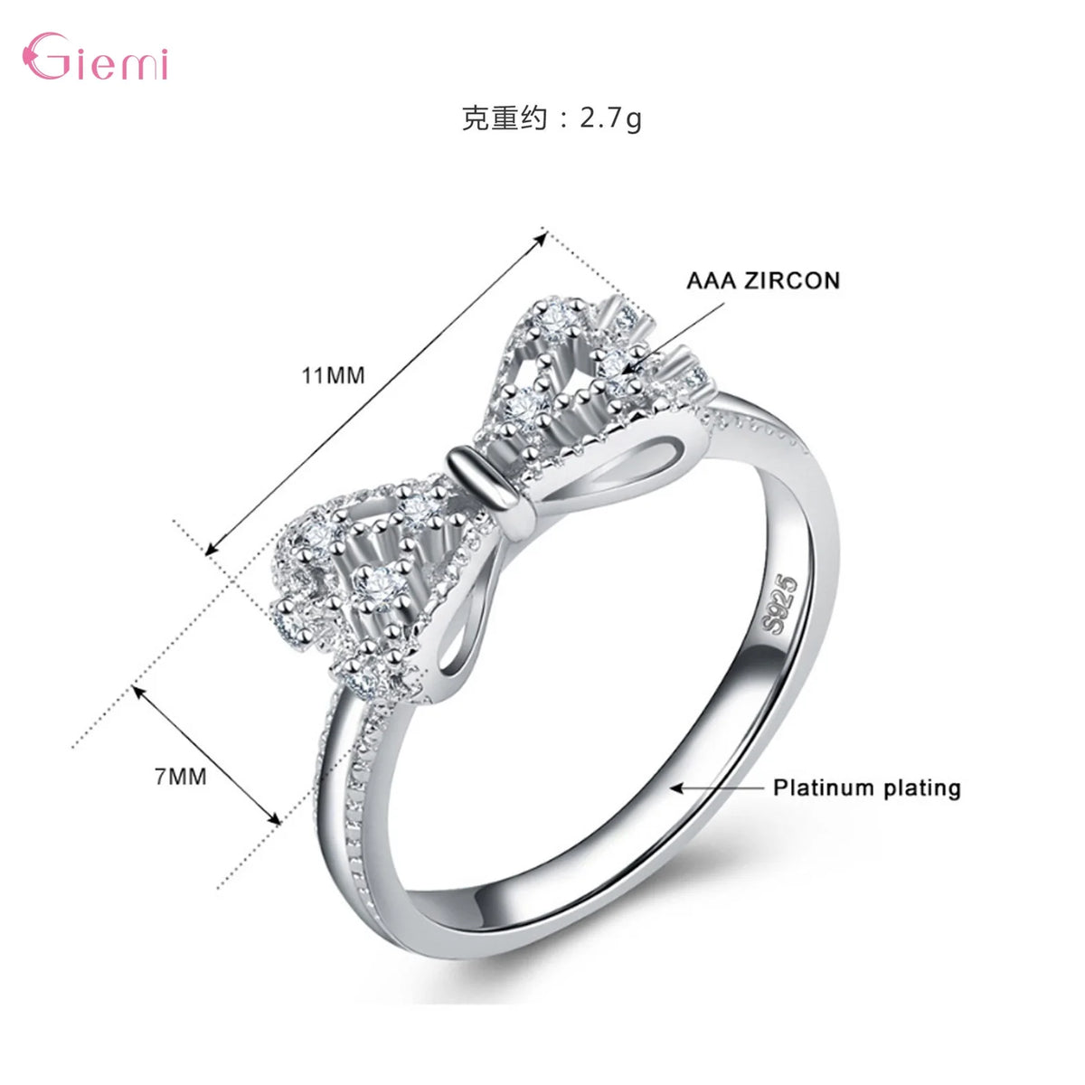Women's 925 Sterling Silver Bowknot Cubic Zirconia Ring