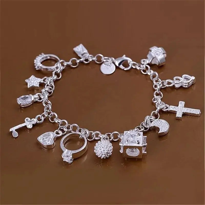 Women's Silver Multi-Element Thirteen Pendant Charm Bracelet