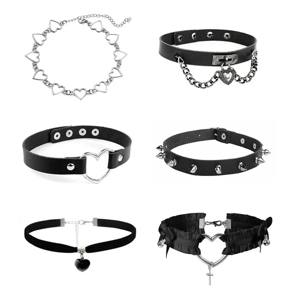 Women's Leather Gothic Heart Punk Choker Necklace