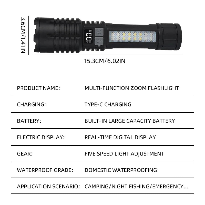 High Power LED Flashlight Zoomable USB Rechargeable Torch