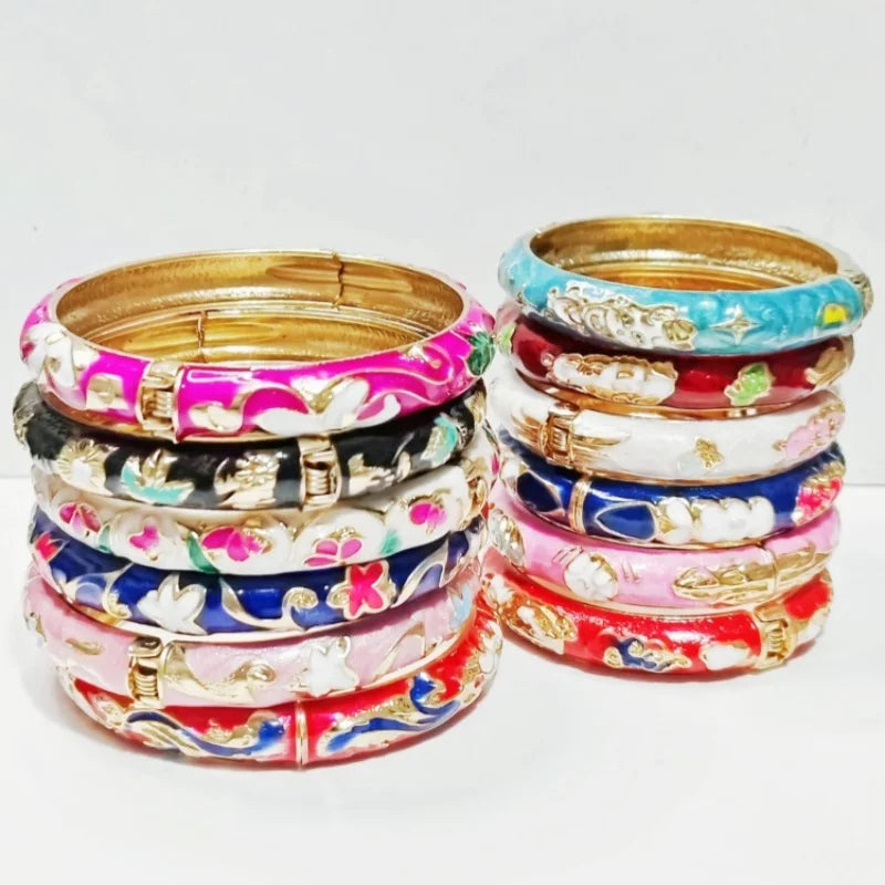 Women's Zinc Alloy Floral Enamel Open Cuff Bracelet 12-Piece Set
