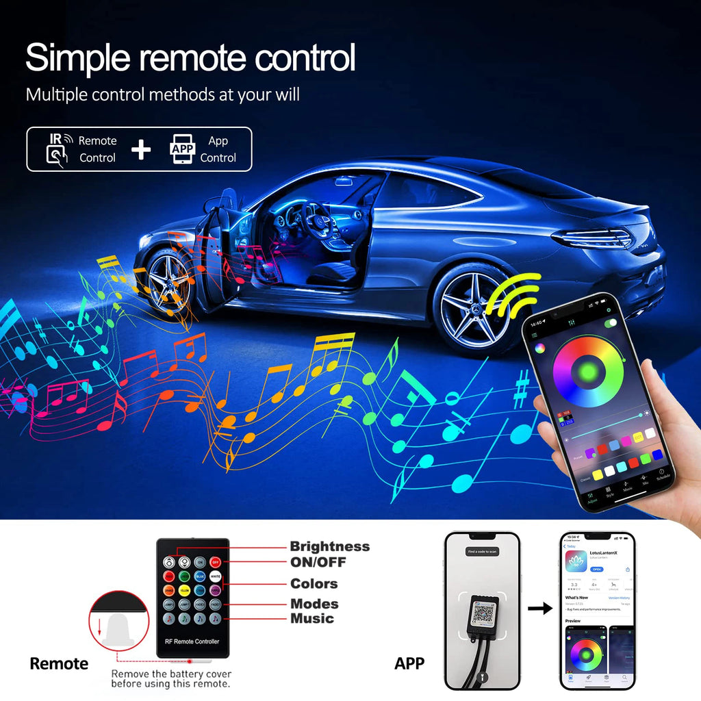 LED Car Interior Ambient Strip Lights RGB Fiber Optic Kit
