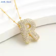 Women's Gold Plated Copper Zircon Bubble Initial Pendant Necklace