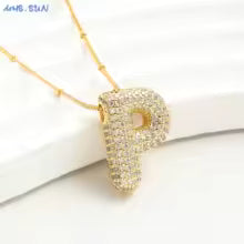 Women's Gold Plated Copper Zircon Bubble Initial Pendant Necklace