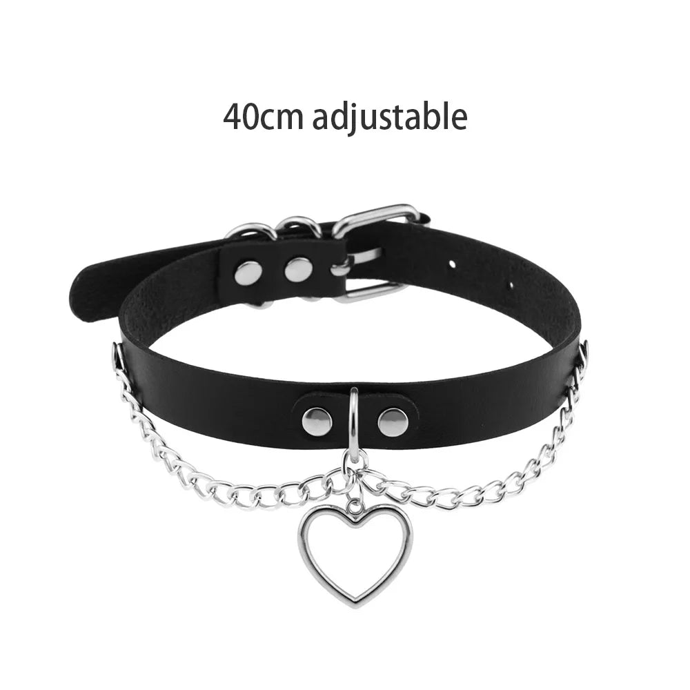 Women's Leather Gothic Heart Punk Choker Necklace