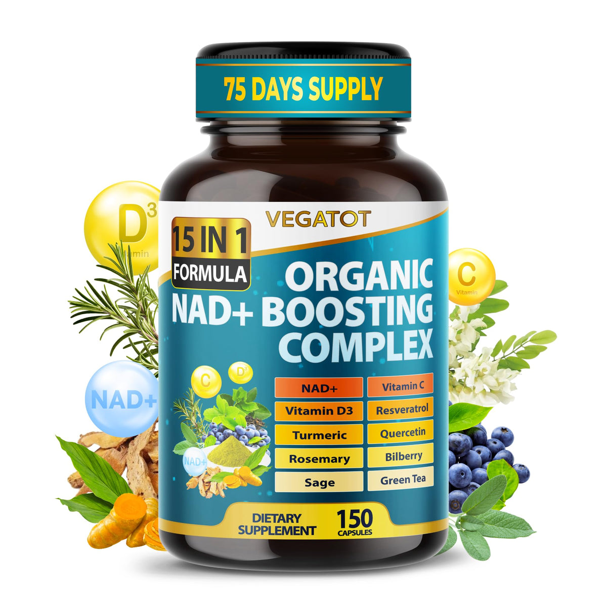 VEGATOT NAD+ Boosting Complex - NAD Supplements for Women & Men 15-in-1 Formula with Resveratrol Turmeric Quercetin Rosemary Bilberry Sage Green Tea