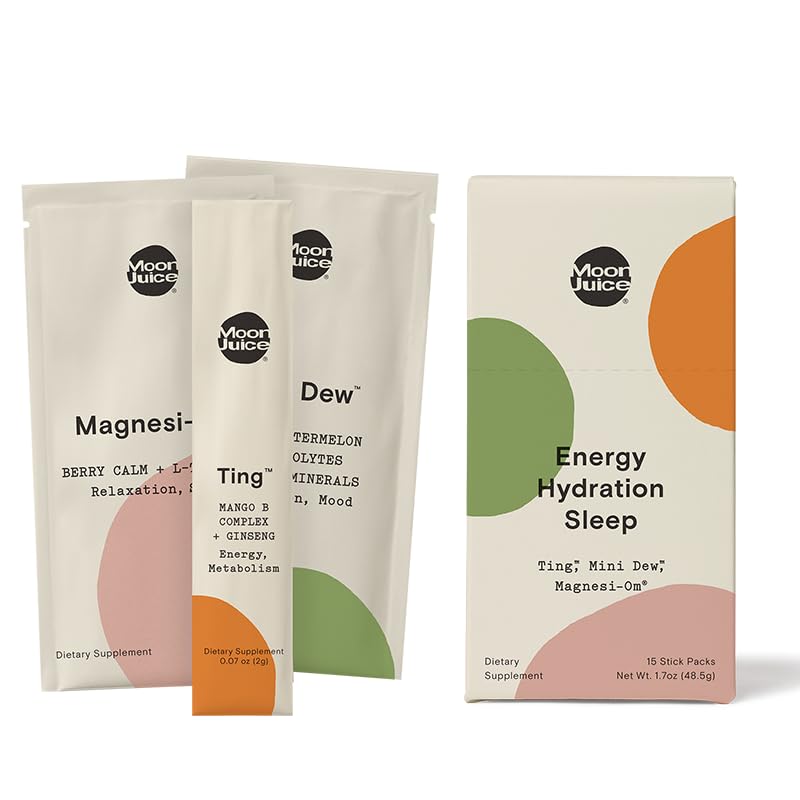 Moon Juice Magnesi-Om Ting & Mini Dew Stick Set Single Servings of Relaxation Energy & Hydration Supplements | Berry Mango & Watermelon Flavor | 15 Servings