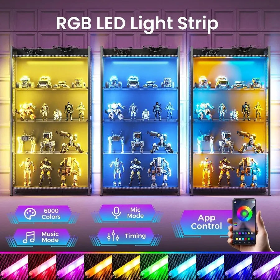 4-Tier Display Case with Tempered Glass Shelves RGB LED Lights for Home/Office, Black Finish, Adjustable Shelving and Soft-Clos