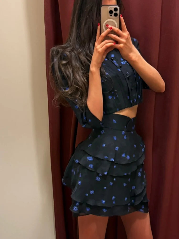 Women's Floral Print Two Piece Set 2026 New Women Puff Sleeve Crop Top + Tiered Ruffle Mini Skirt Casual Vacation Party Outfit