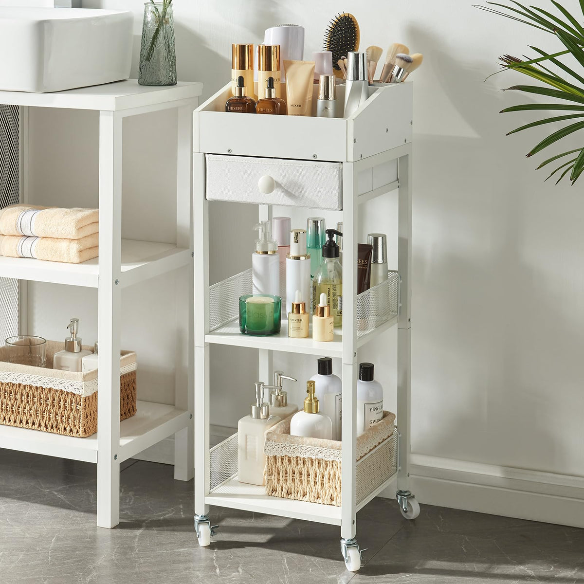 HUSHEDIFY Makeup Organizer Cart3 Tier Floor Make up Storage Stand with Drawer Free Standing Skincare Cosmetic Display Holder with Wheels for Vanity Bedroom Dresser Bathroom(White)